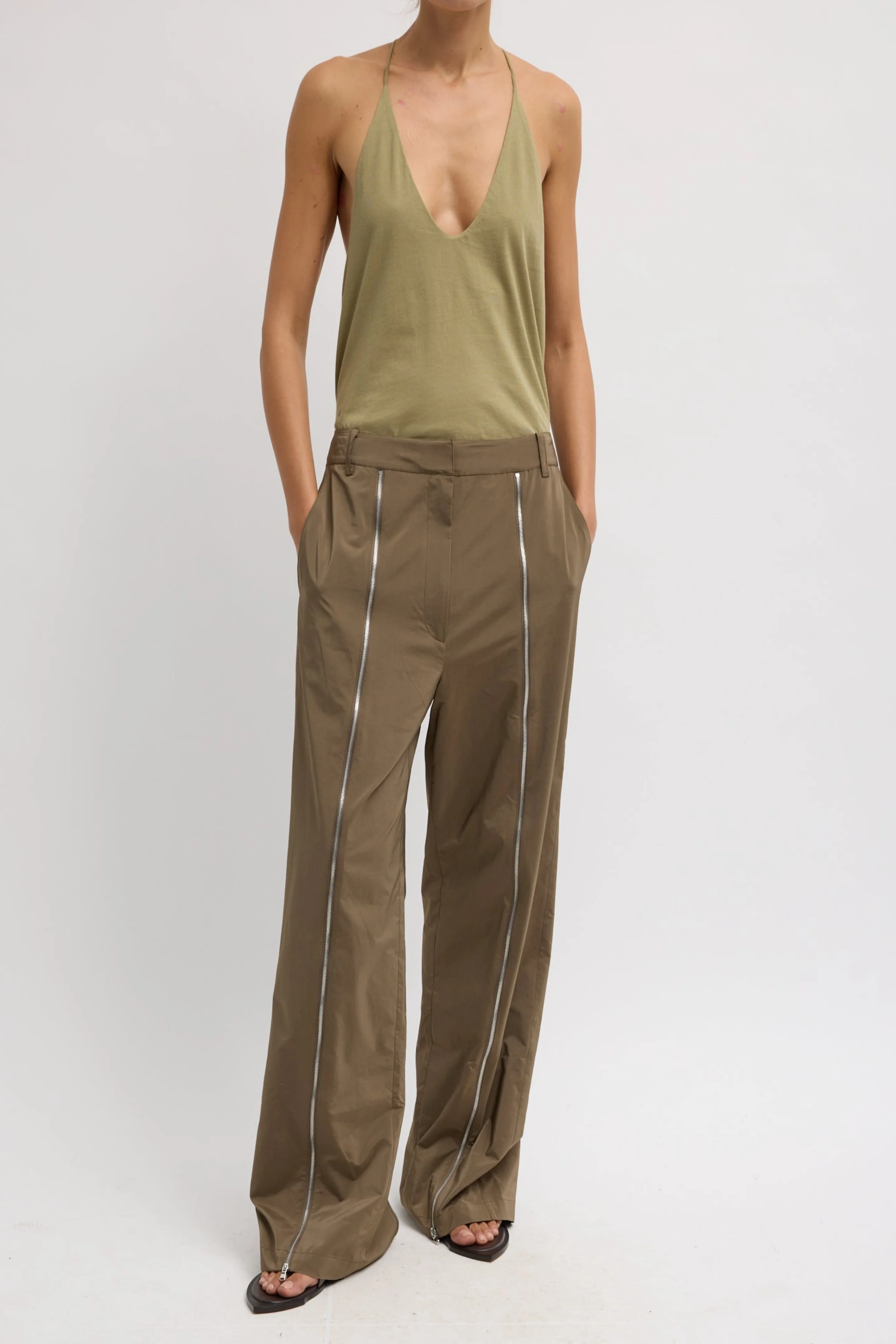 Nylon Zipper Trouser in Dark Taupe - Image 2