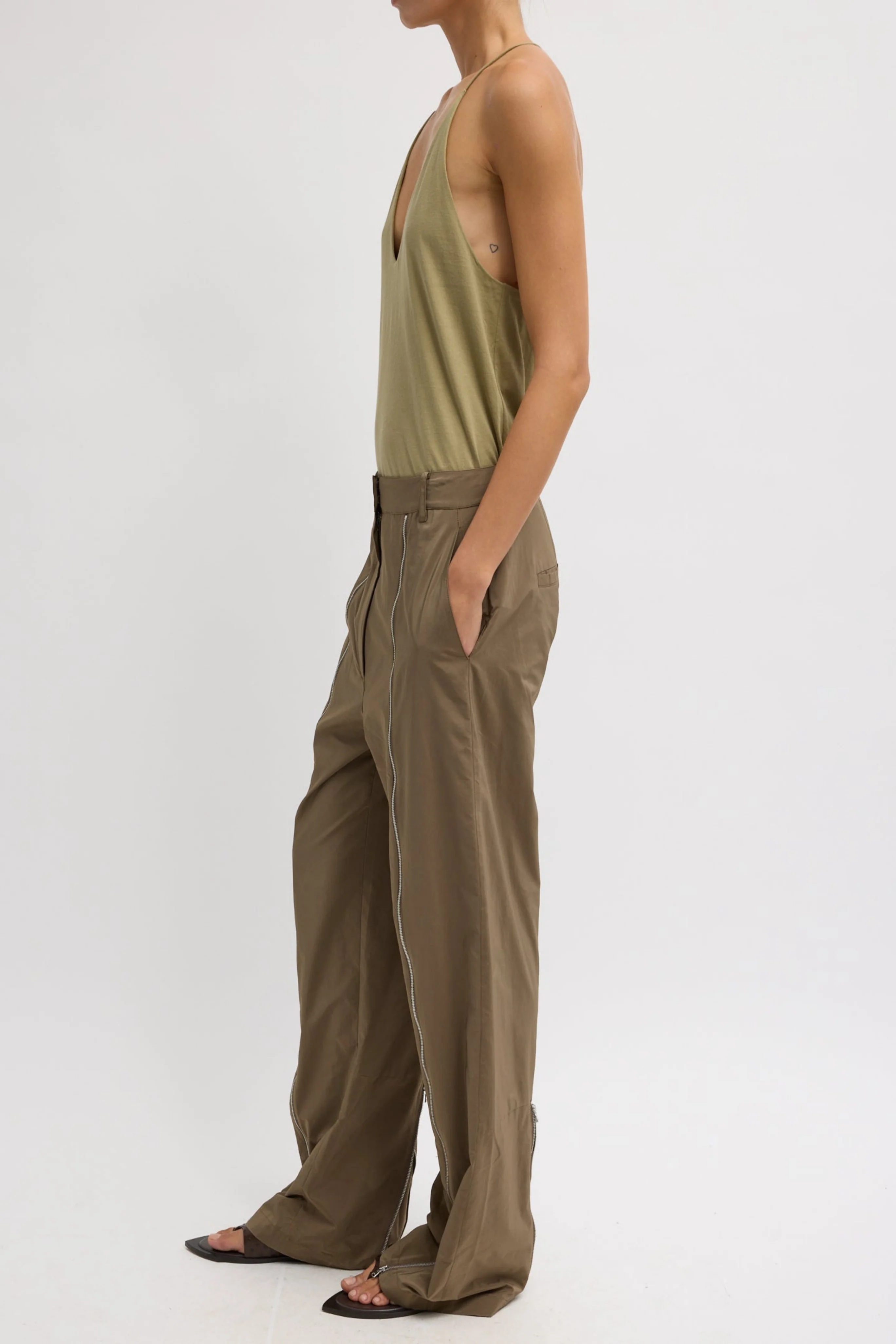 Nylon Zipper Trouser in Dark Taupe - Image 4