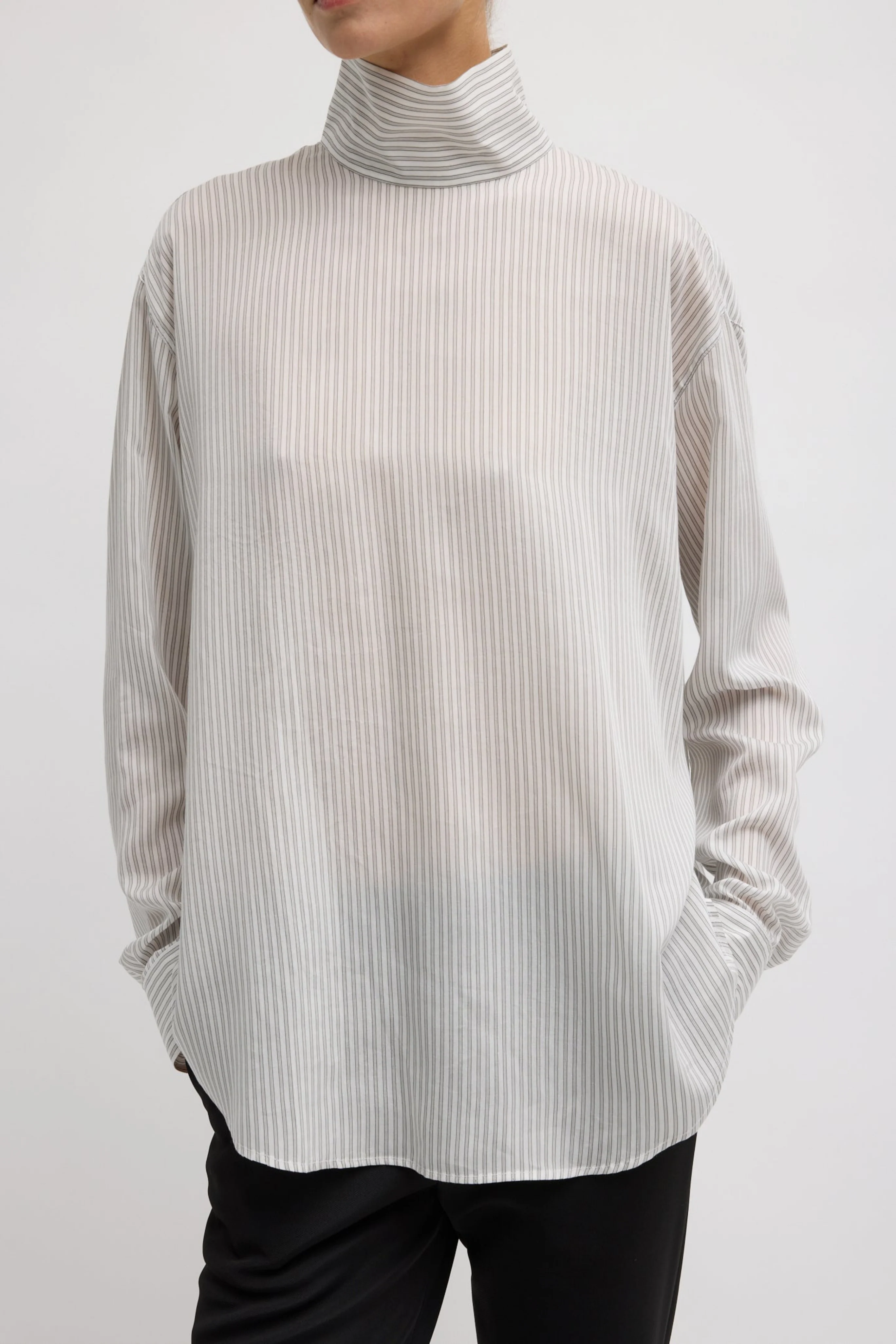Ultra Light Silk Tencel Striped Funnel Neck Shirt - Image 2