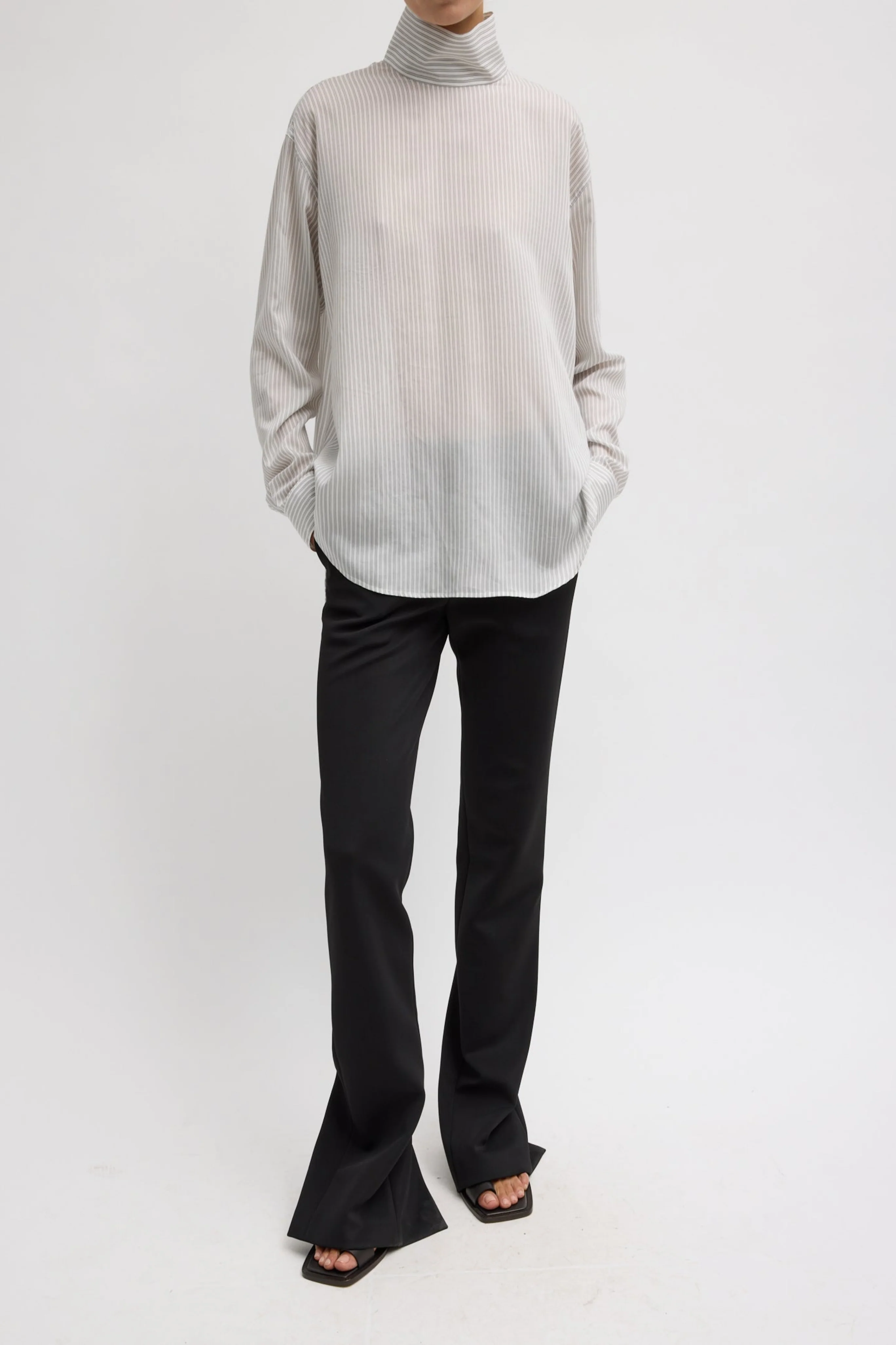 Ultra Light Silk Tencel Striped Funnel Neck Shirt - Image 3