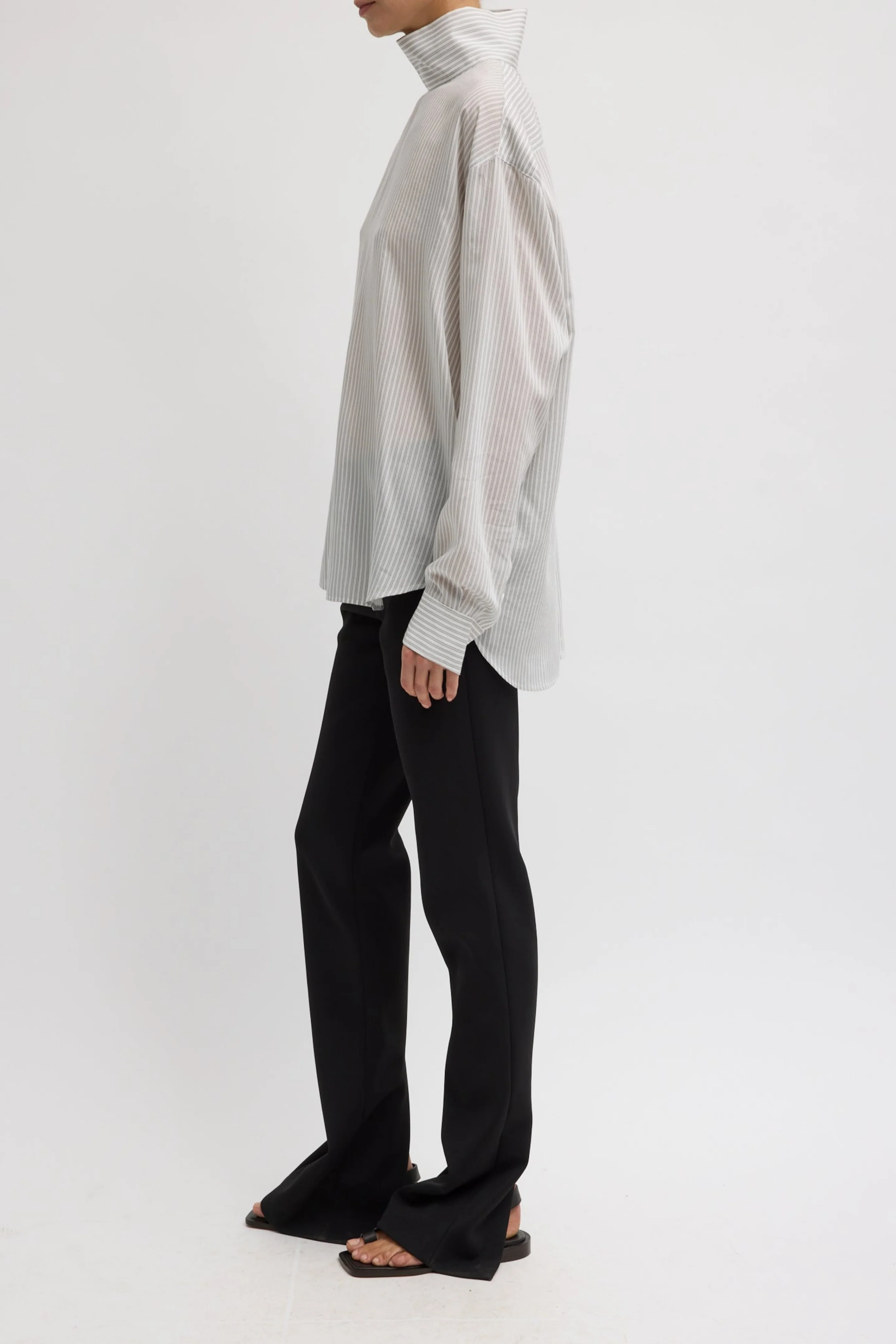 Ultra Light Silk Tencel Striped Funnel Neck Shirt - Image 4