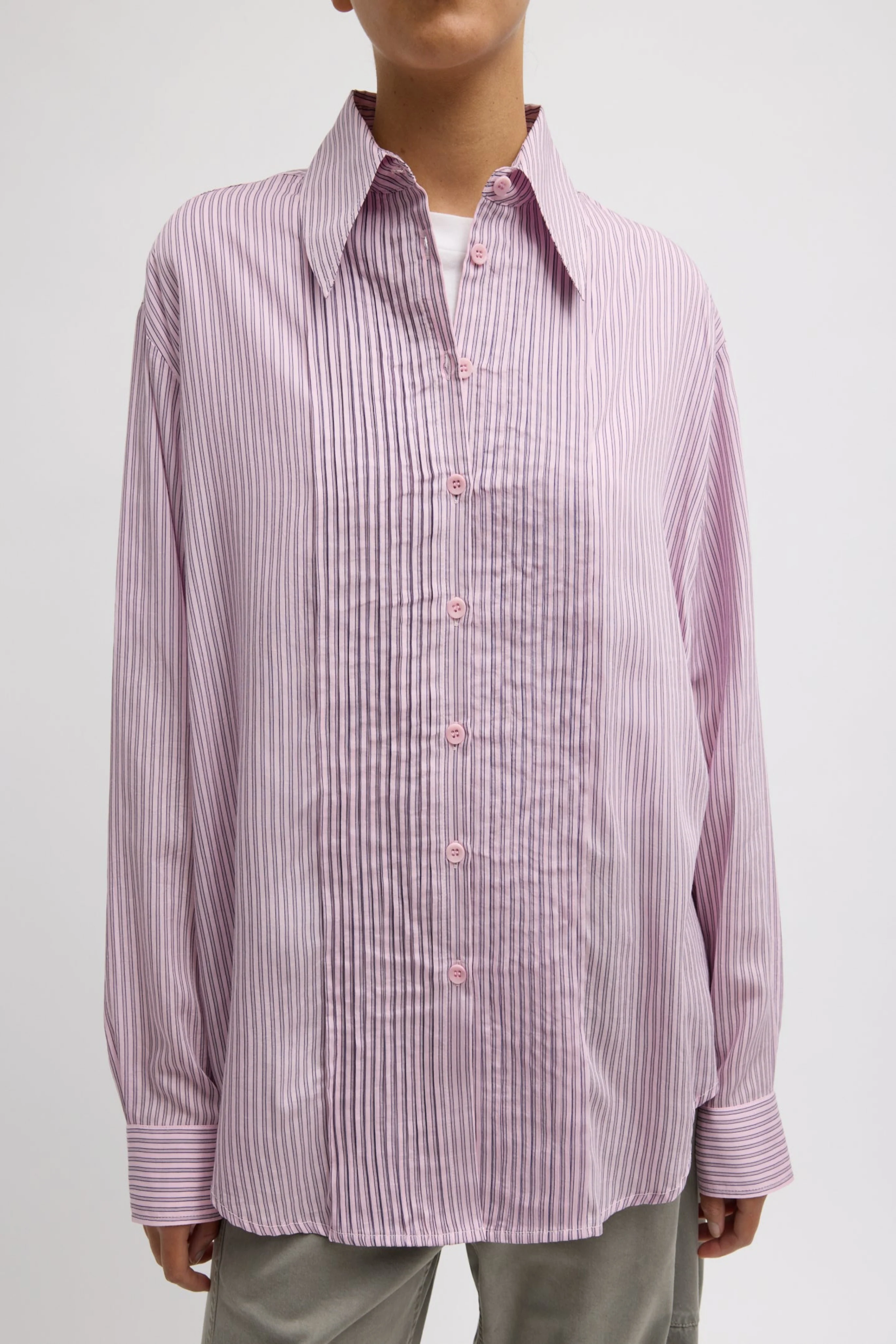Ultra Light Silk Tencel Striped Pintucked Shirt - Image 2