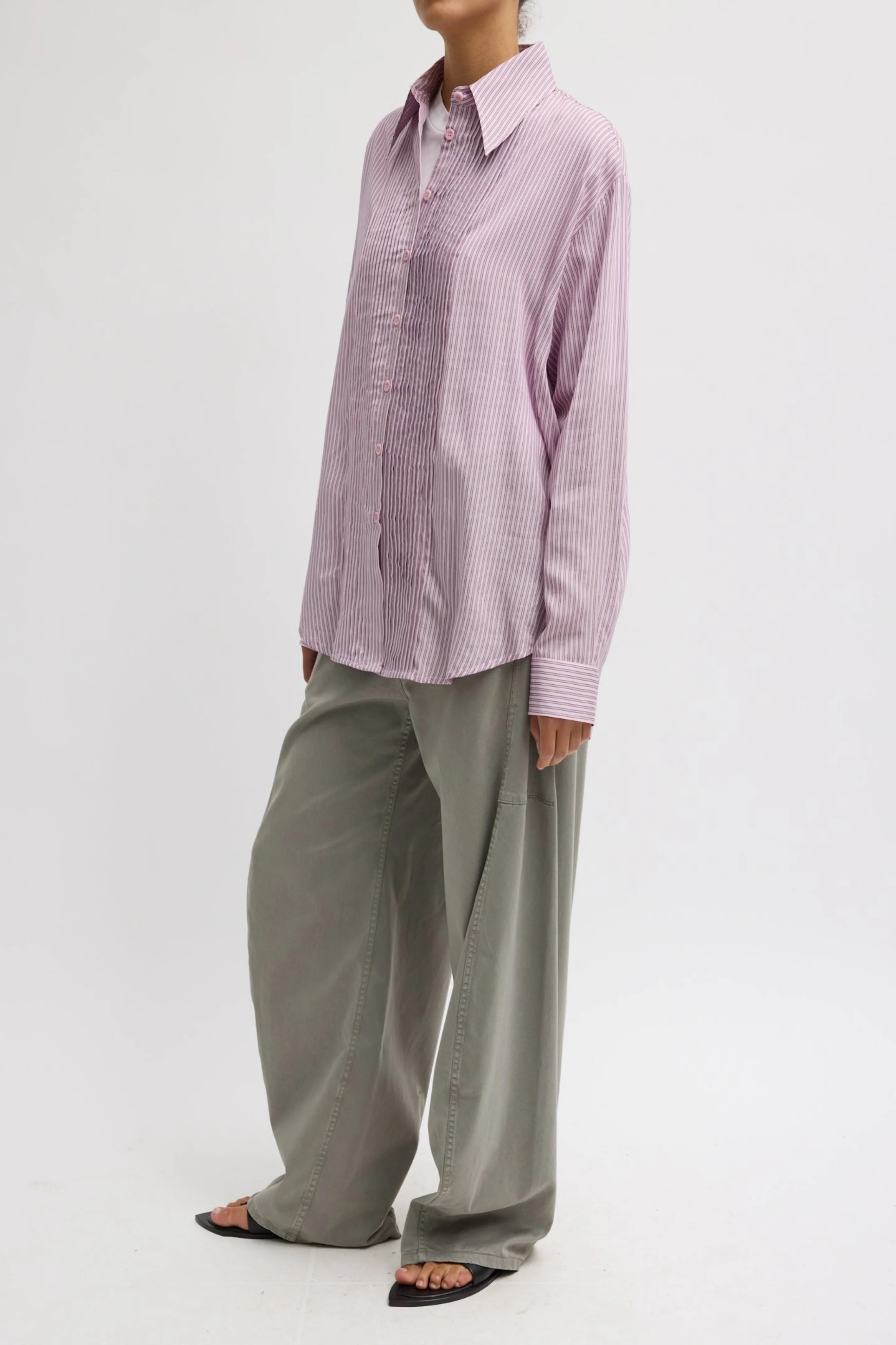 Ultra Light Silk Tencel Striped Pintucked Shirt - Image 3