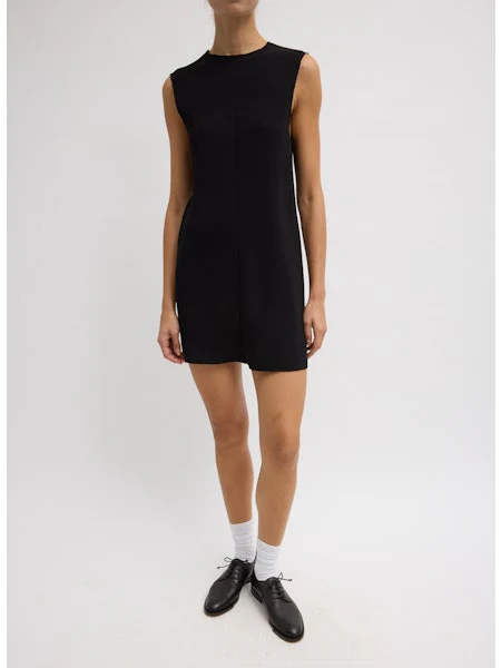 Viscose Plisse Sleeveless Bias Short Tunic Dress In Black - Image 2