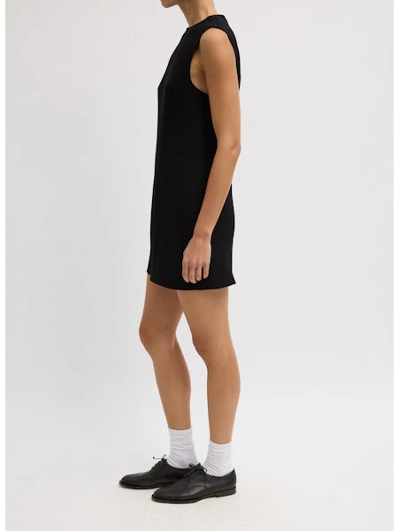 Viscose Plisse Sleeveless Bias Short Tunic Dress In Black - Image 3