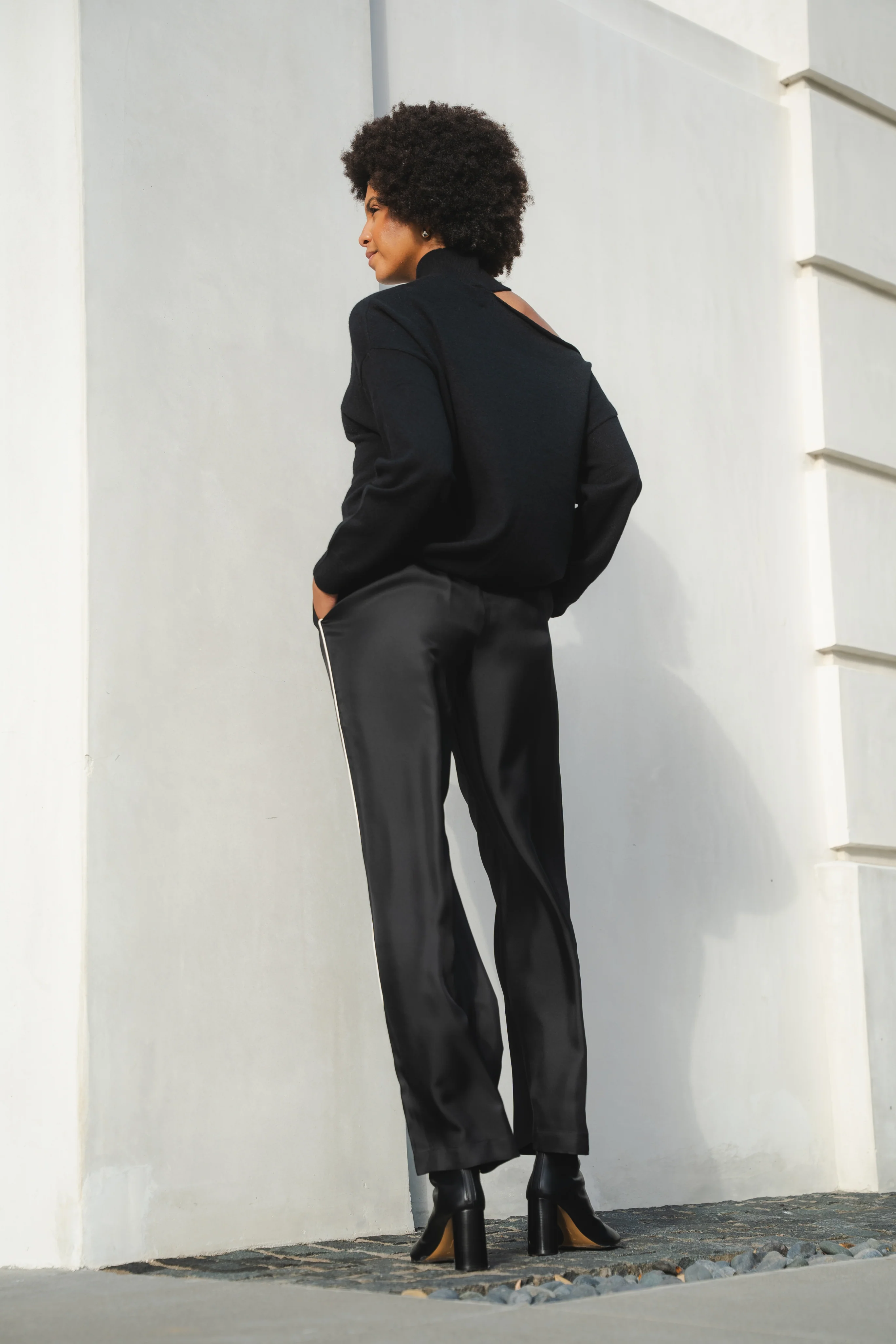 Wide Leg Trousers With Piping Detail in Black - Image 5
